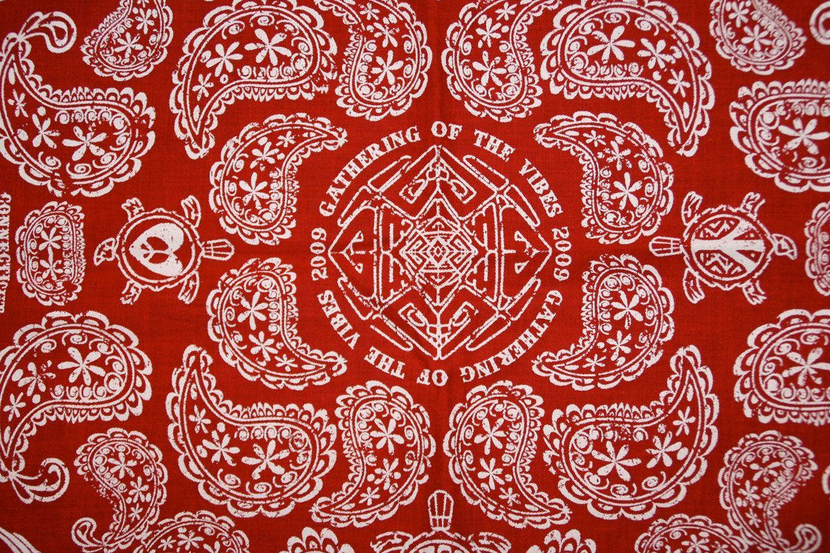 Paisley 桌布 壁紙 — 鮮豔的紅色布料，帶有複雜的白色佩斯利圖案和中央幾何標誌，上面寫著 Gathering of the Vibes 2009。