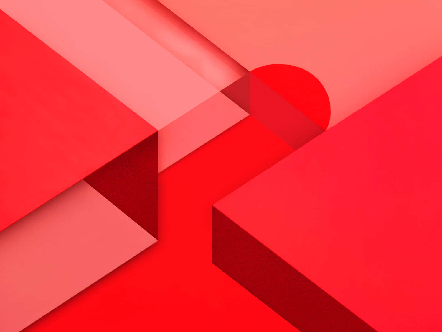 Material Design 桌布 壁紙 — 鮮豔的紅色幾何形狀重疊，形成帶有柔和陰影和漸變色調的分層抽象構圖。