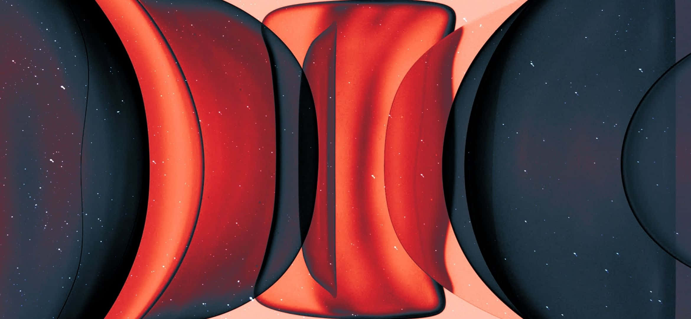 2340x1080 桌布 壁紙 — 鮮豔的紅色彎曲絲帶在繁星點點的深藍色宇宙背景下漂浮，帶有柔和的蜜桃色調。