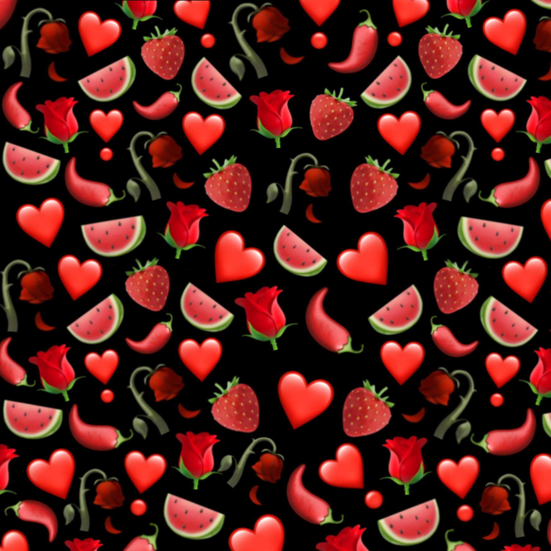 Strawberry Aesthetic 桌布 壁紙 — 鮮豔的紅色心形、草莓、西瓜片和辣椒在黑色背景上以大膽的圖案重複。