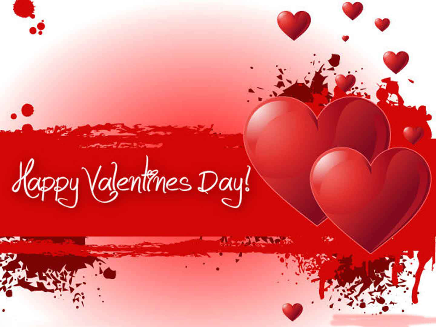 High Resolution Valentines Day 桌布 壁紙 — 鮮豔的紅色心形和潑濺圖案，以粗體字型在漸變背景上慶祝情人節。