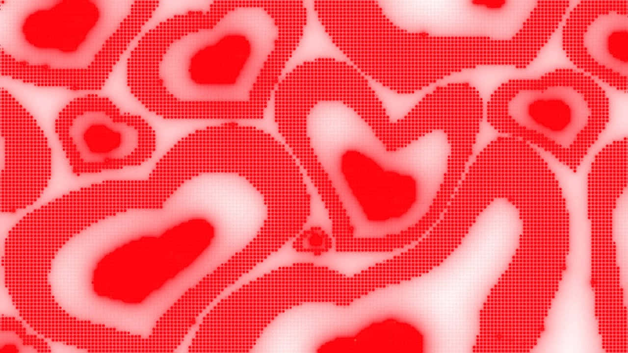 Y2k Heart 桌布 壁紙 — 鮮豔的紅色心形在像素化的白色背景上柔和發光，形成重複的抽象圖案。