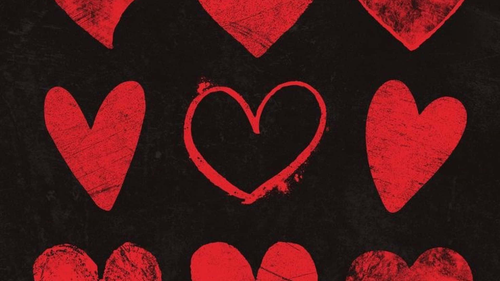 Red Hearts 桌布 壁紙 — 鮮豔的紅色心形帶有紋理筆觸，在粗糙的黑色背景上以重複圖案漂浮。