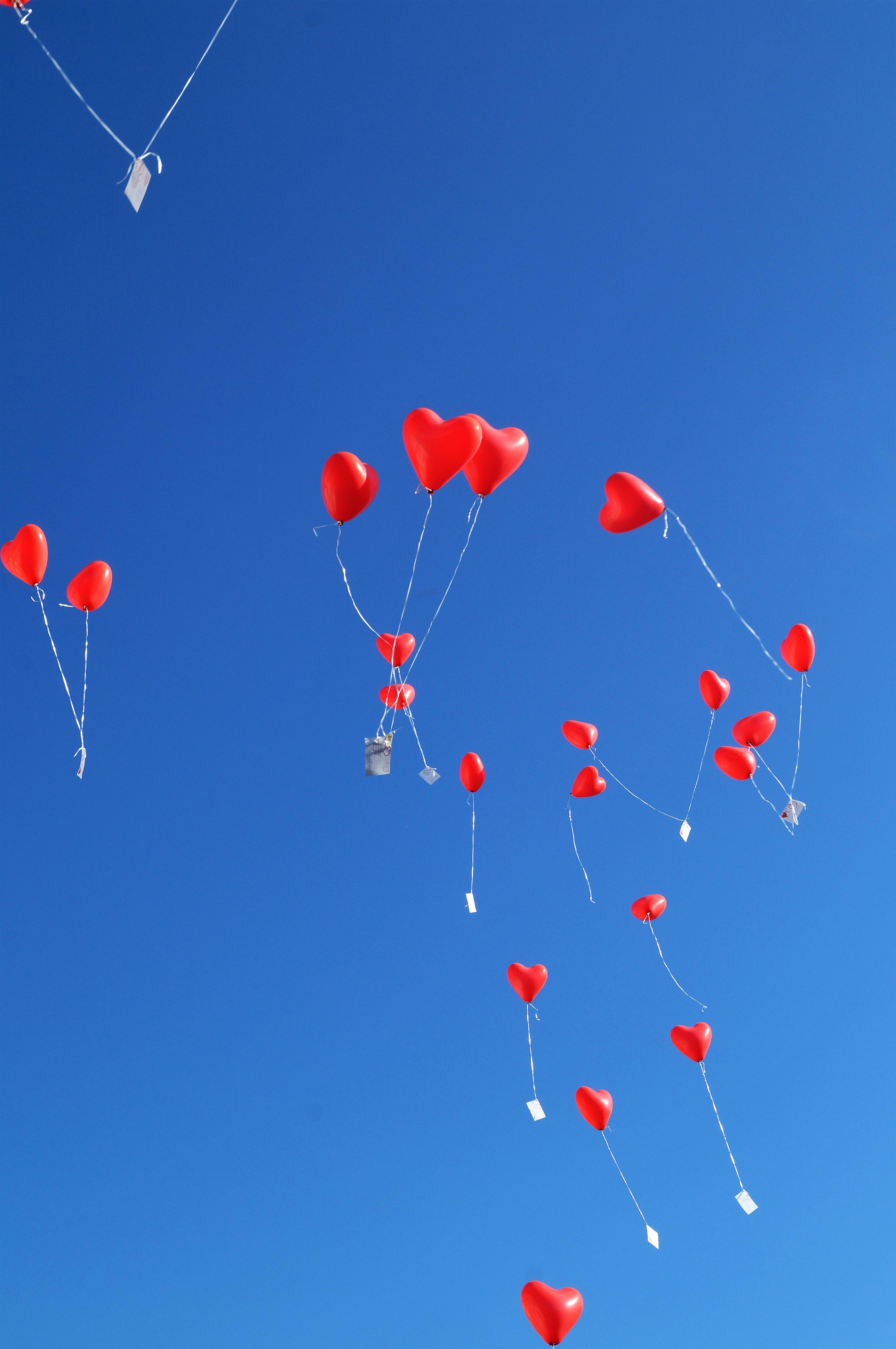 Balloon 桌布 壁紙 — 鮮豔的紅色心形氣球在晴朗的藍天中向上飄浮，繩子拖在後面。