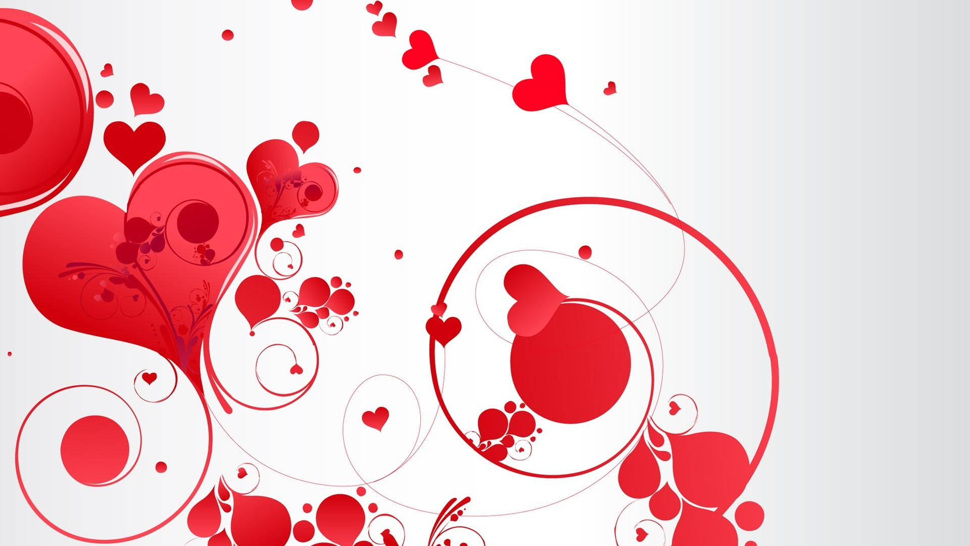Love Heart 桌布 壁紙 — 鮮豔的紅色愛心和旋轉的圓圈在潔白的背景上動態漂浮，營造出節日浪漫的設計。