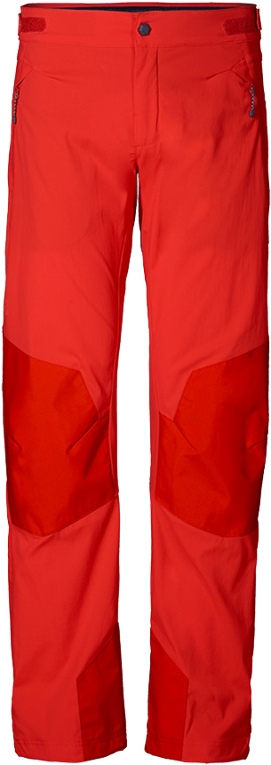 clothing 桌布 壁紙 — 鮮豔的紅色戶外褲，帶有對比色拼接和功能性口袋，在黑色背景上展示。