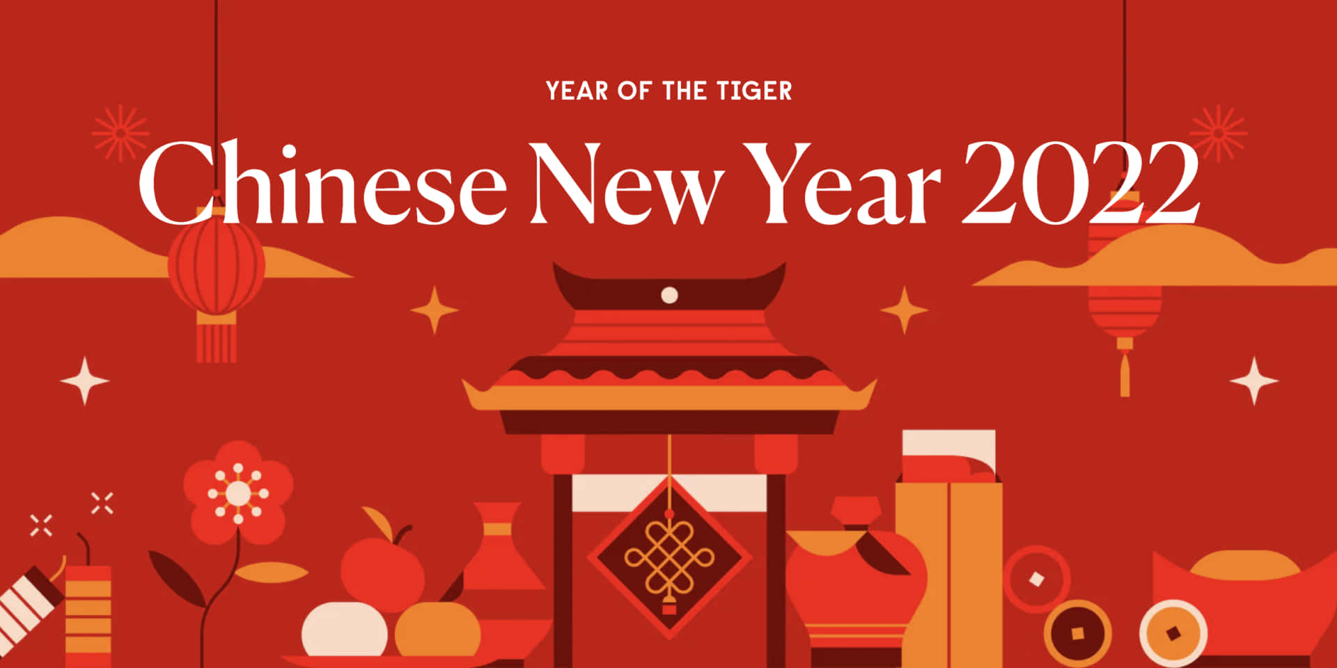 新年 桌布 壁紙 — 鮮豔的紅色插圖以傳統燈籠、水果和老虎主題的大門，在節日背景下慶祝2022年農曆新年。