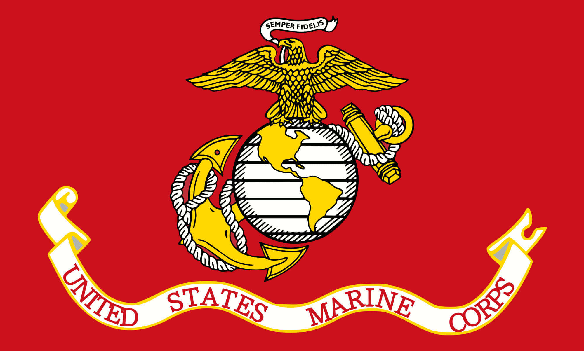 Usmc 桌布 壁紙 — 鮮豔的紅色旗幟，帶有金色鷹、地球和錨的徽章，以及'Semper Fidelis'和'United States Marine Corps'的橫幅。
