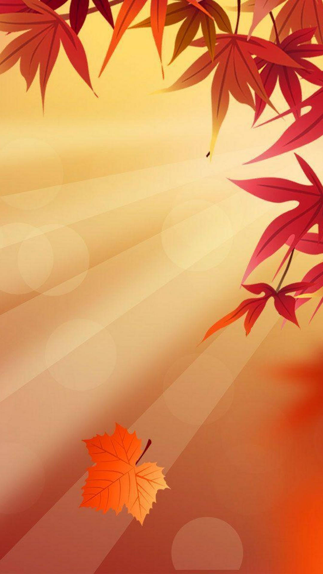 Fall Leaves 桌布 壁紙 — 鮮豔的紅色楓葉框住金色陽光背景，下方有一片落葉。