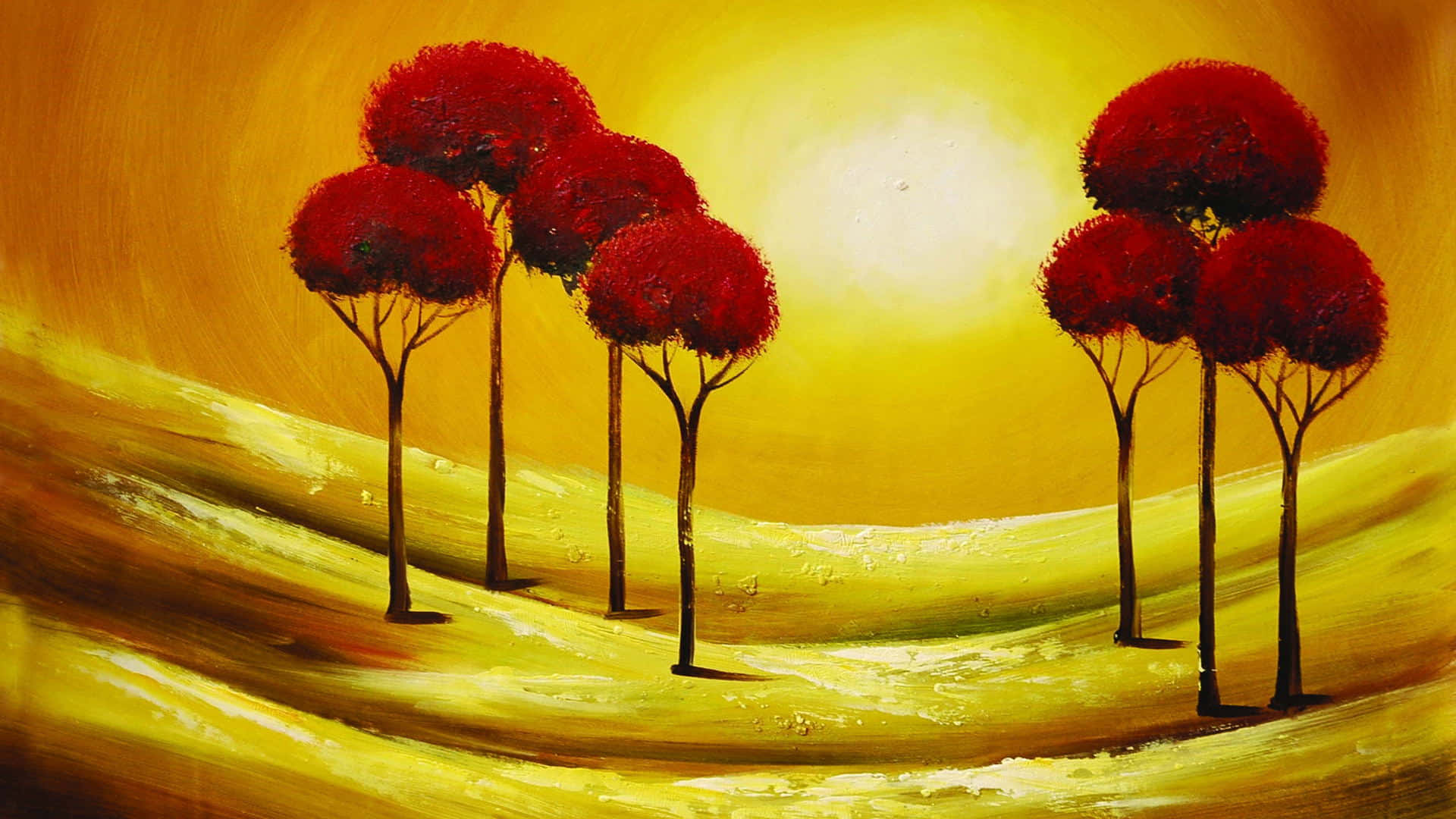 Painting 桌布 壁紙 — 鮮豔的紅色樹木高高聳立在金色山丘上，在燦爛的黃色陽光下，以大膽的油畫呈現。