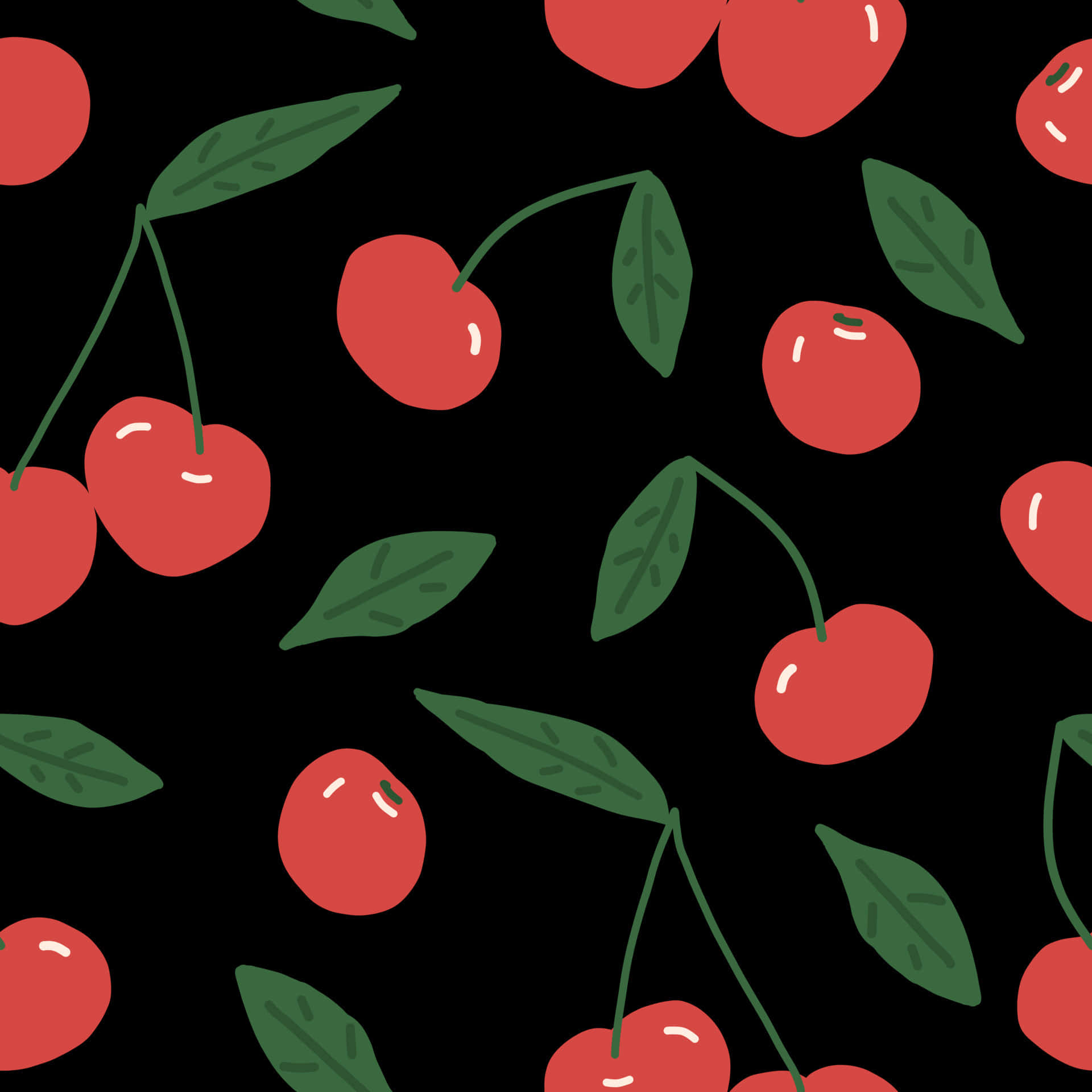 Red Cute Aesthetic 桌布 壁紙 — 鮮豔的紅色櫻桃和綠色葉子散落在純黑色背景上，形成重複圖案。