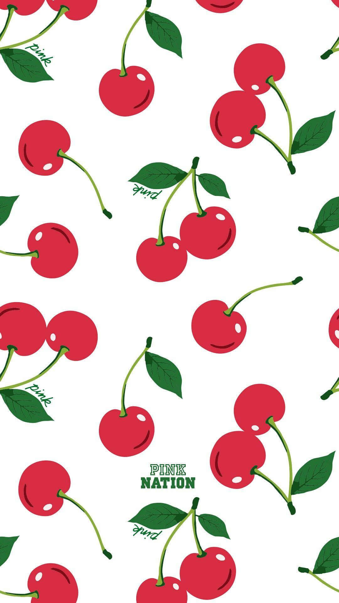 Cherry 桌布 壁紙 — 鮮豔的紅色櫻桃搭配綠色葉子，在潔白的背景上以俏皮的重複圖案散落分佈。