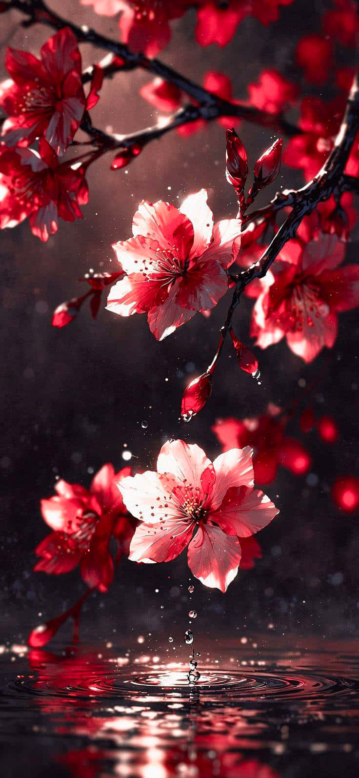 red flowers 壁紙 — 鮮豔的紅色櫻花在波光粼粼的水面上方的深色樹枝上盛開，空氣中懸浮著水滴。