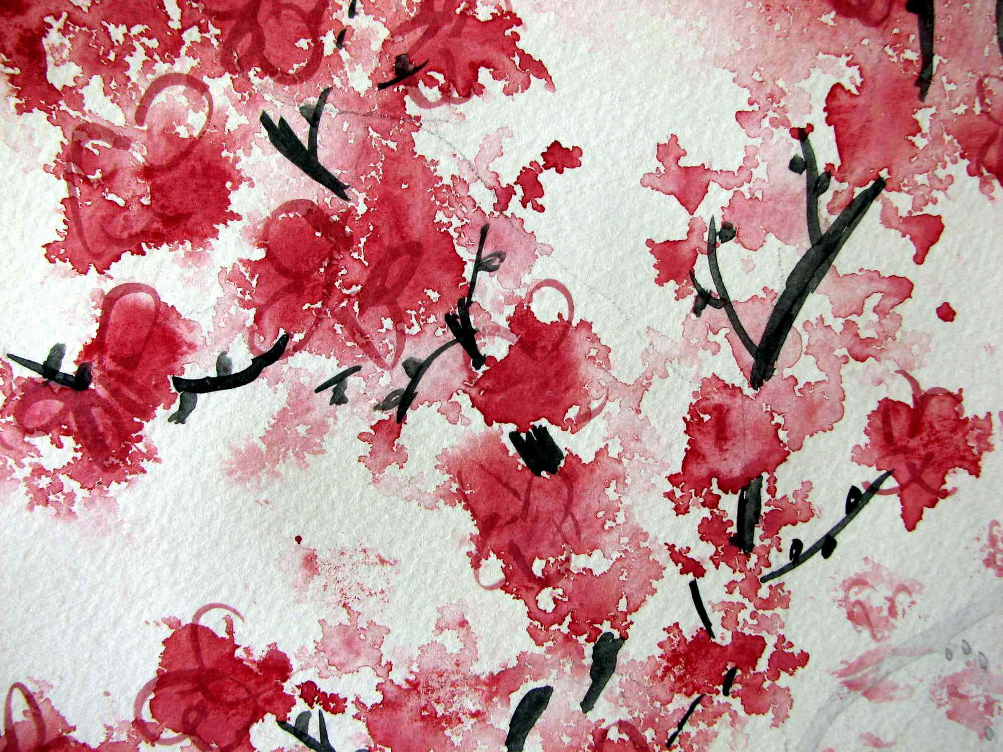 Floral Watercolor 桌布 壁紙 — 鮮豔的紅色水彩花朵在純白紙張上綻放，搭配大膽的黑色墨水枝條。