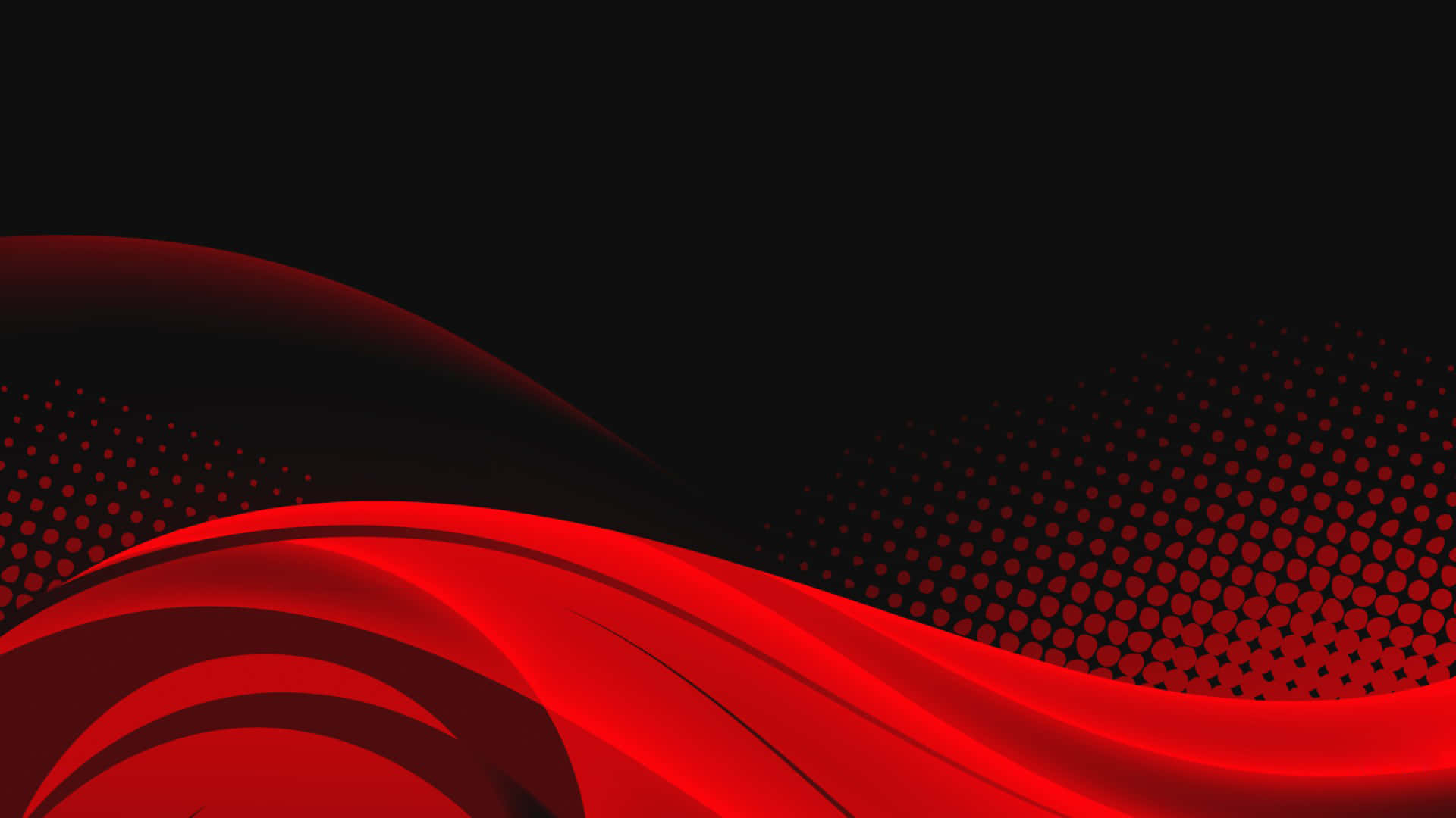 1080p Red And Black 桌布 壁紙 — 鮮豔的紅色流體波浪在黑色背景上流動，帶有半色調點圖案，創造出大膽的數位抽象設計。
