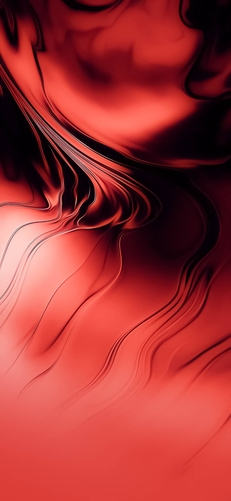 iOS 13 桌布 壁紙 — 鮮豔的紅色液體在深色背景上以平滑的波浪流動，營造出動態的抽象運動。
