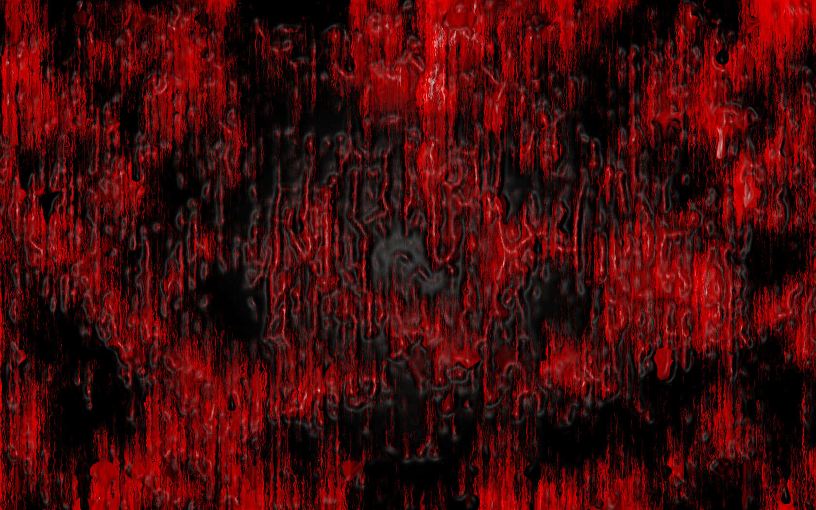 Blood Splatter 桌布 壁紙 — 鮮豔的紅色液體滴落和飛濺在純黑色背景上，形成混亂的抽象圖案。