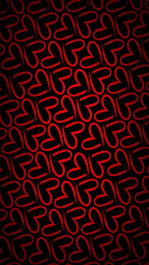 紅色 iPhone 桌布 壁紙 — 鮮豔的紅色發光心形輪廓在純黑色背景上以密集圖案重複。