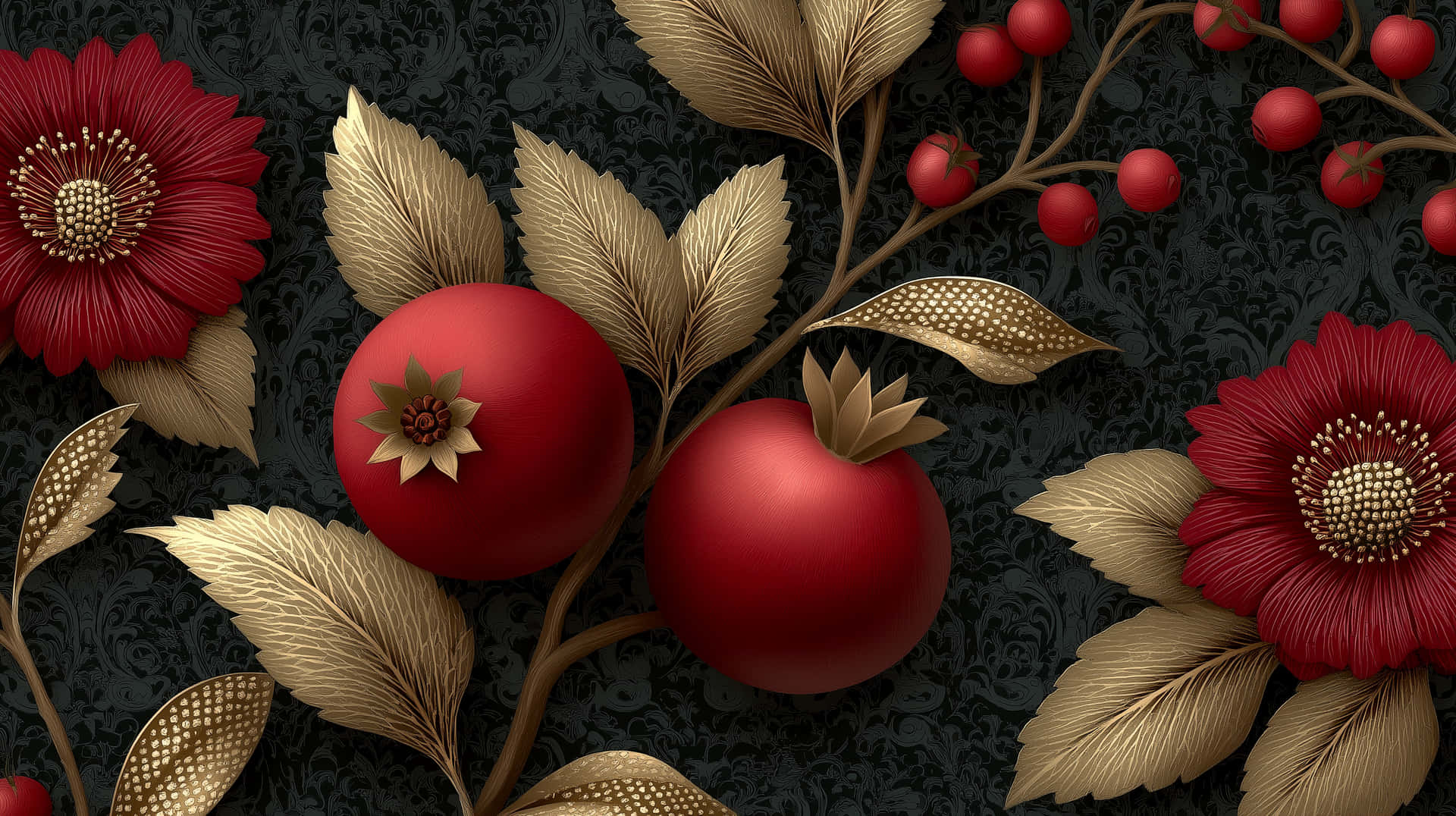 Intricate Vintage Damask Pattern with Pomegranates 壁紙 — 鮮豔的紅色石榴和帶有金色葉子的花朵點綴在深色華麗圖案背景上。