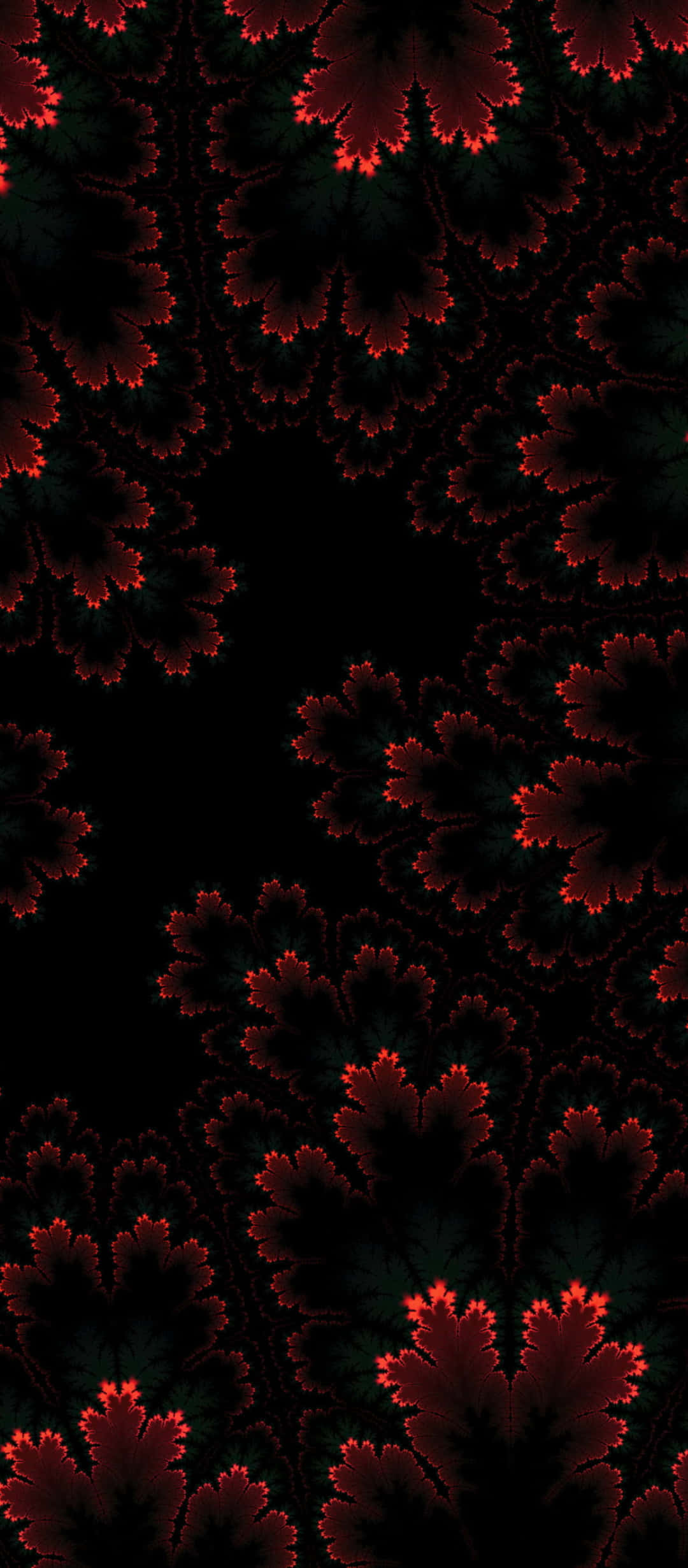 1080x2640 桌布 壁紙 — 鮮豔的紅色碎形圖案在深黑色背景上發光，構成迷人的數位藝術作品。