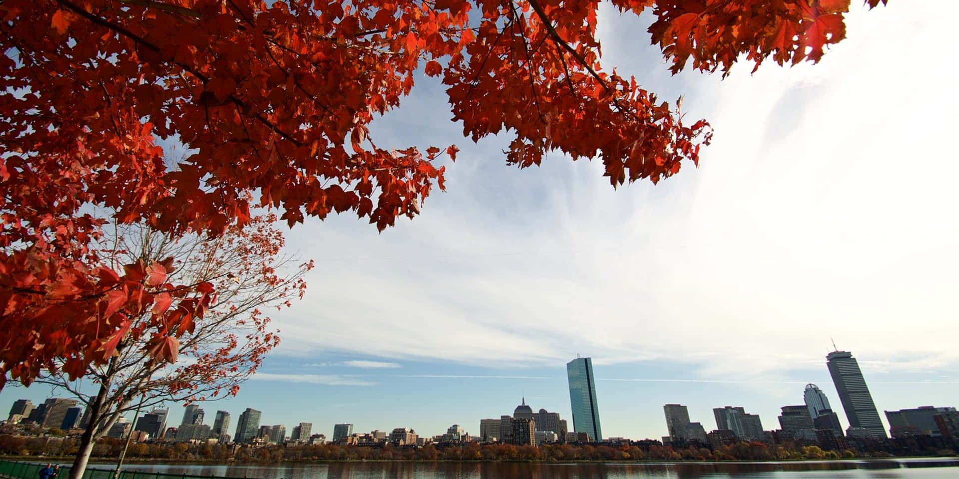 Buildings 桌布 壁紙 — 鮮豔的紅色秋葉框住了在明亮天空下平靜水面中倒映的城市天際線。