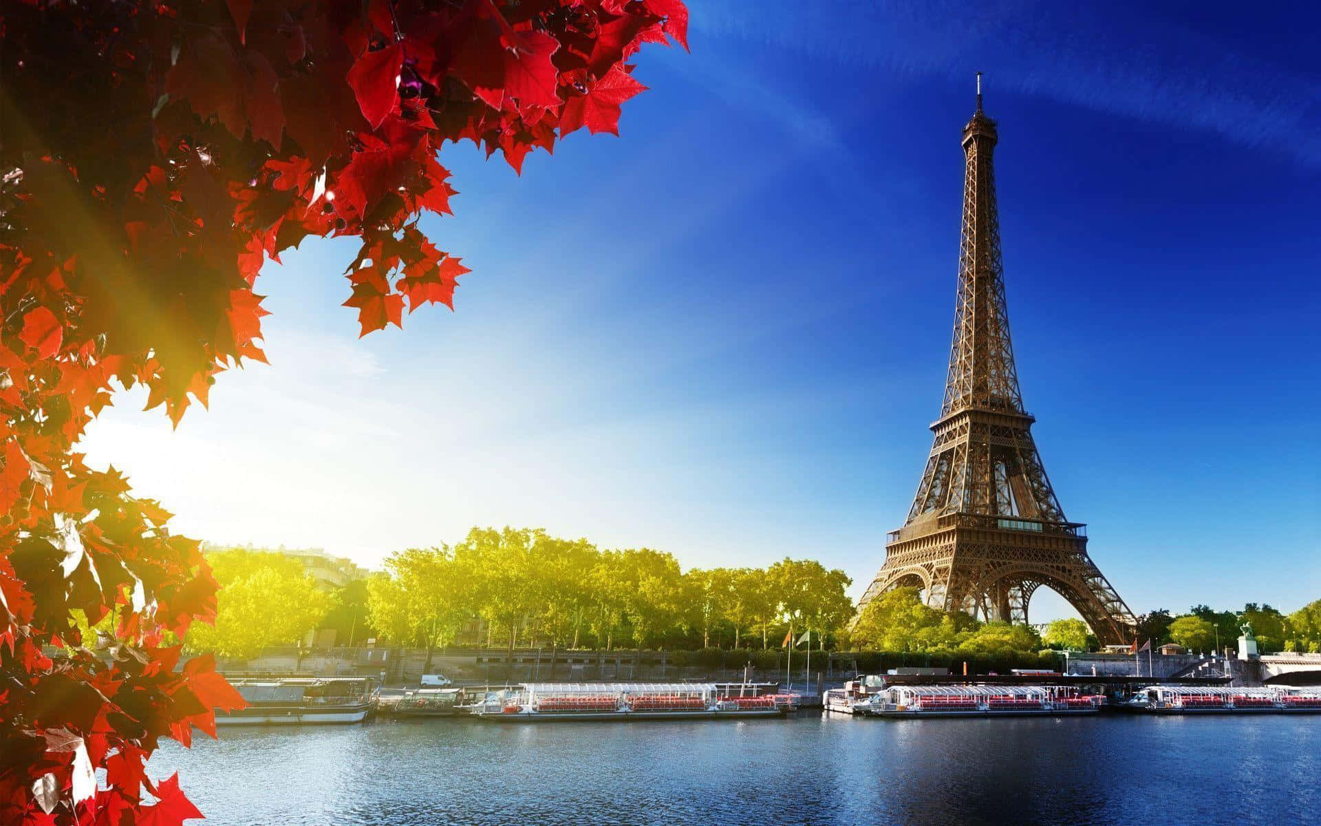 Eiffel Tower 桌布 壁紙 — 鮮豔的紅色秋葉框住艾菲爾鐵塔，下方是晴朗的藍天和塞納河上的船隻。