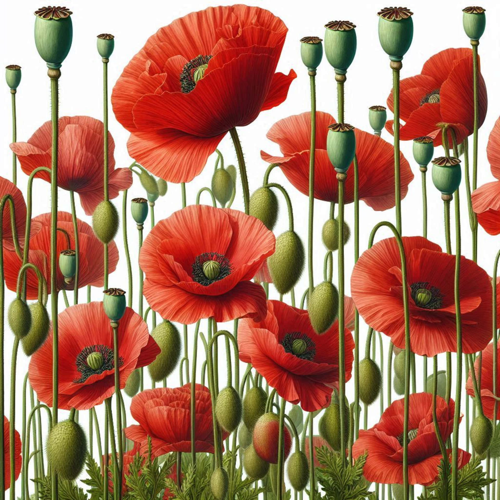 Red poppies on green background 壁紙 — 鮮豔的紅色罌粟花，帶有綠色莖和種子莢，在純白背景上密集綻放。