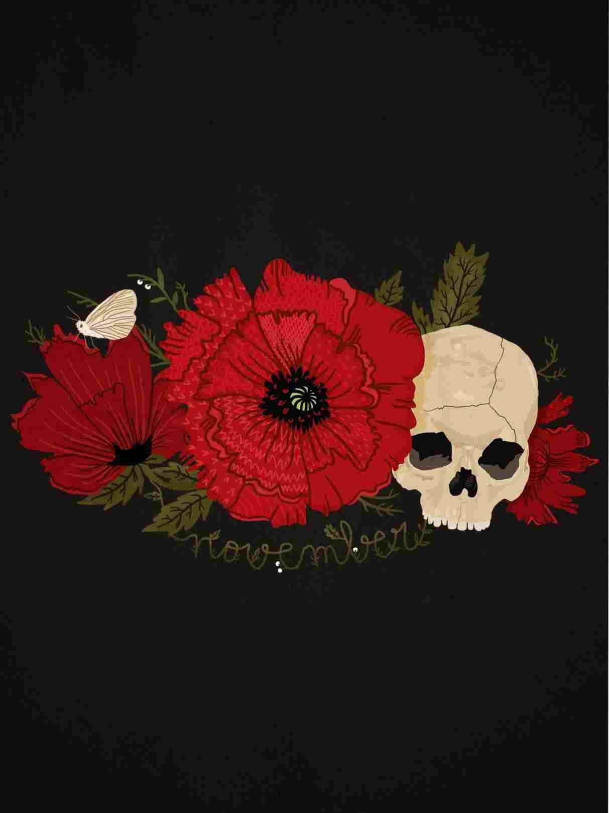 Edgy Aesthetic 桌布 壁紙 — 鮮豔的紅色罌粟花和一個佈滿裂紋的頭骨，點綴著綠葉和一隻白色蝴蝶，背景為深色紋理。