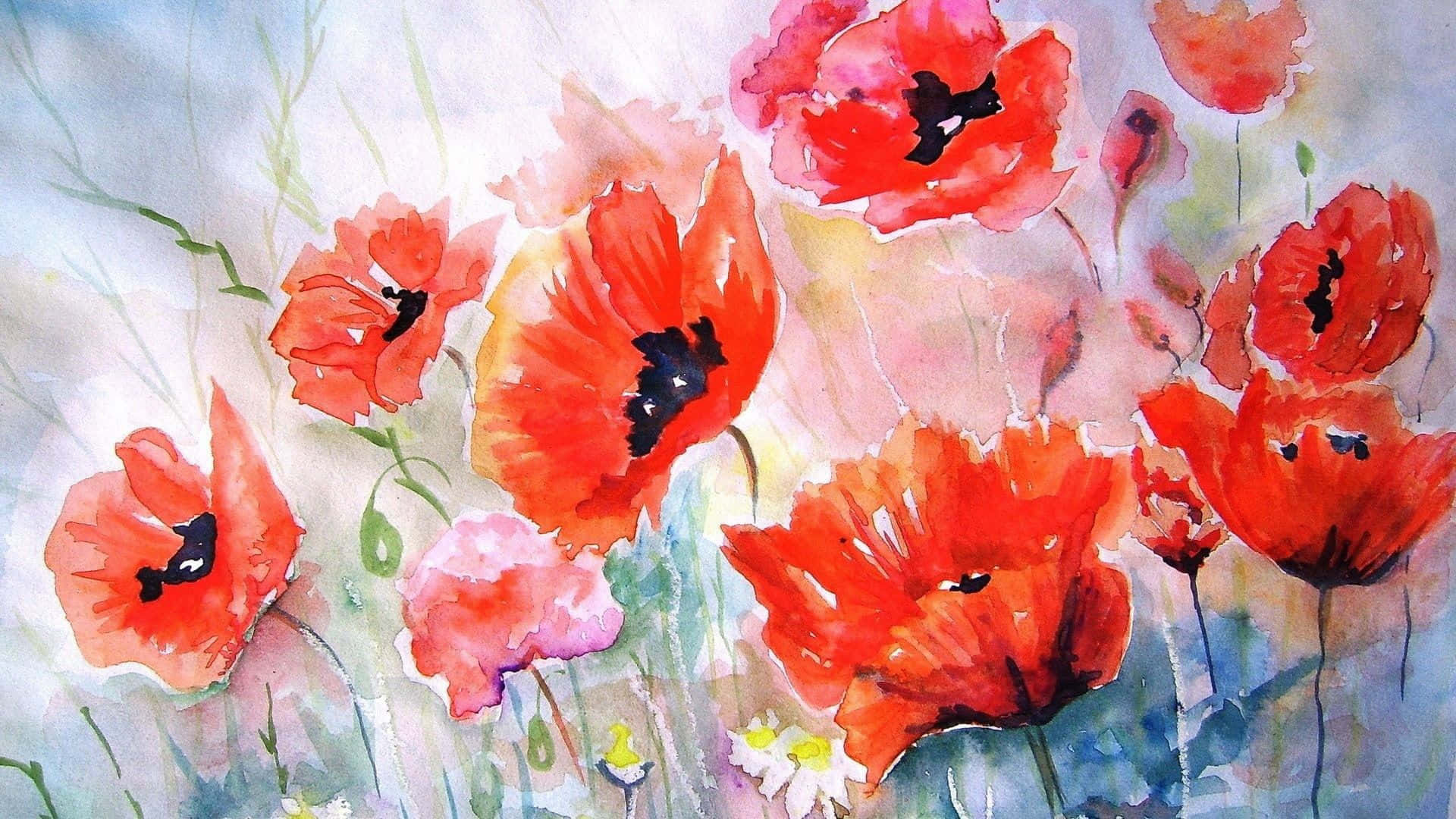 Poppy 桌布 壁紙 — 鮮豔的紅色罌粟花在柔和的水彩田野中盛開，帶有精緻的綠色莖幹和粉紅色及白色花朵的點綴。