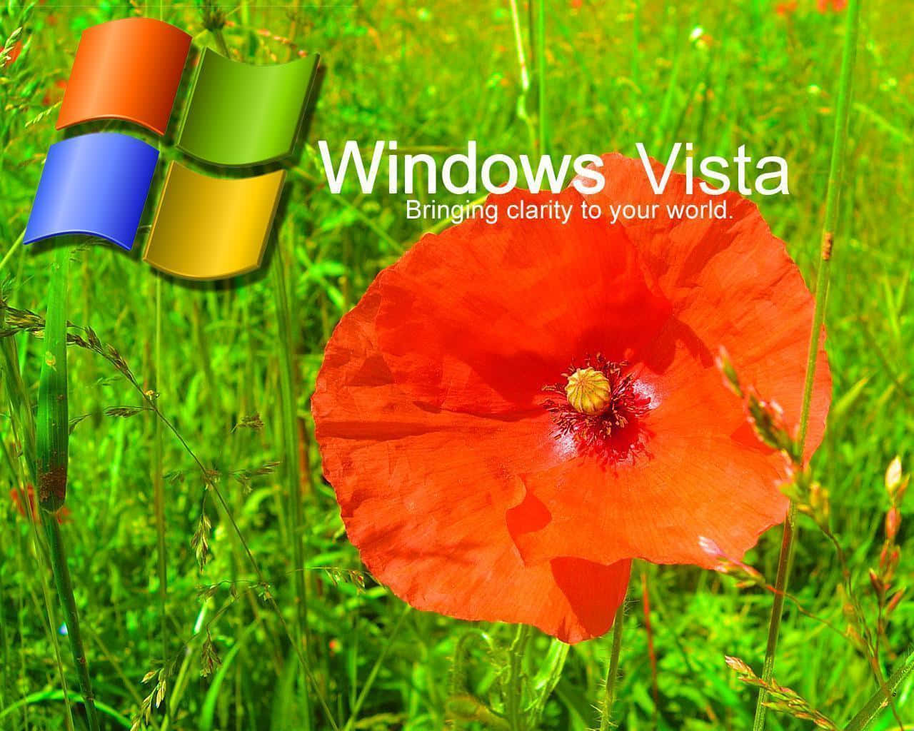 Windows Vista標誌和標語覆蓋在紅色罌粟花和綠色草地的田野上。 — Windows Vista 動態圖片 壁紙