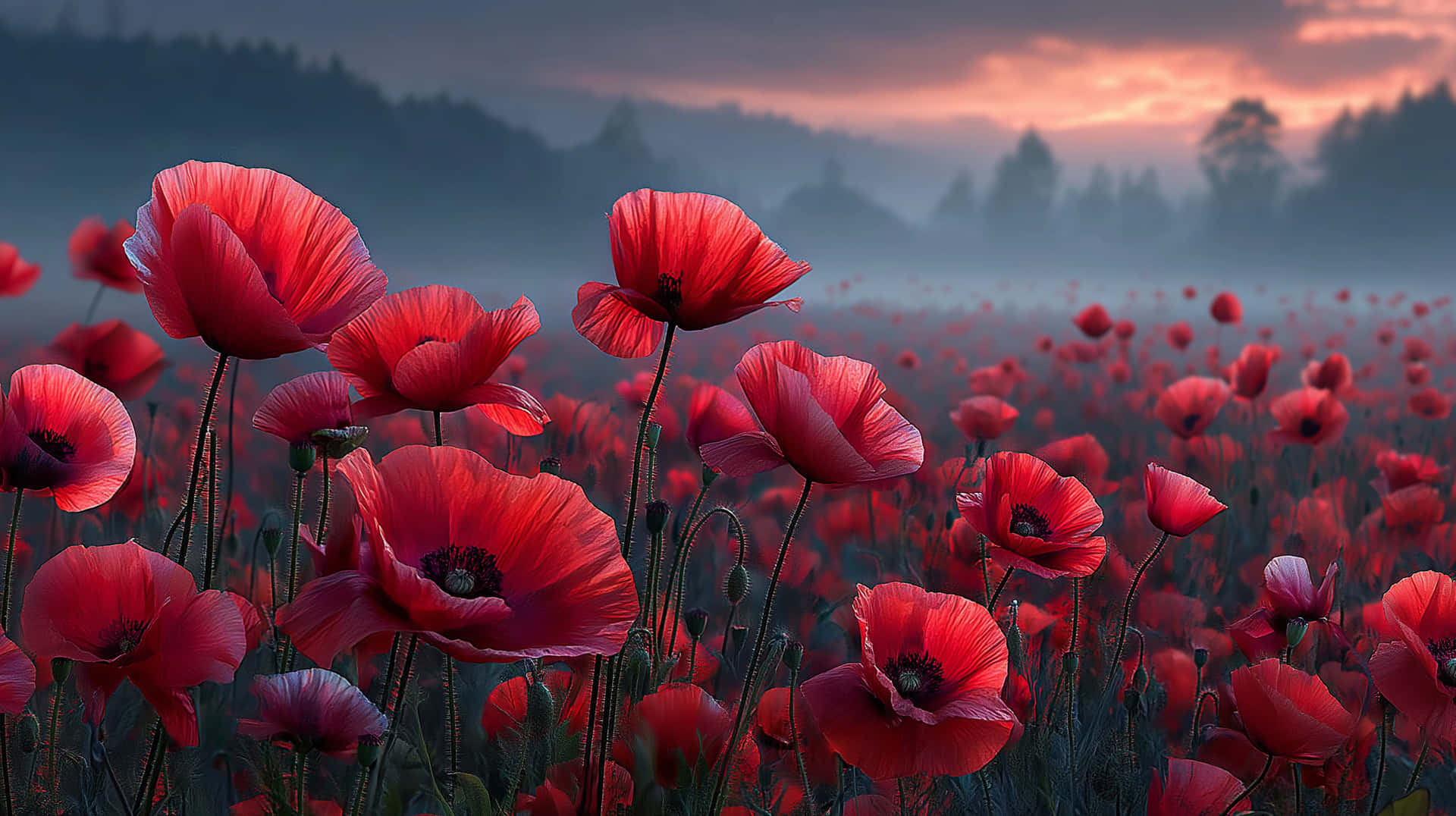 Lush Poppy Field Under a Blue Spring Dawn Sky 壁紙 — 鮮豔的紅色罌粟花在黎明時分的霧氣田野中盛開，遠處樹木上方是柔和的粉紅色和橙色天空。