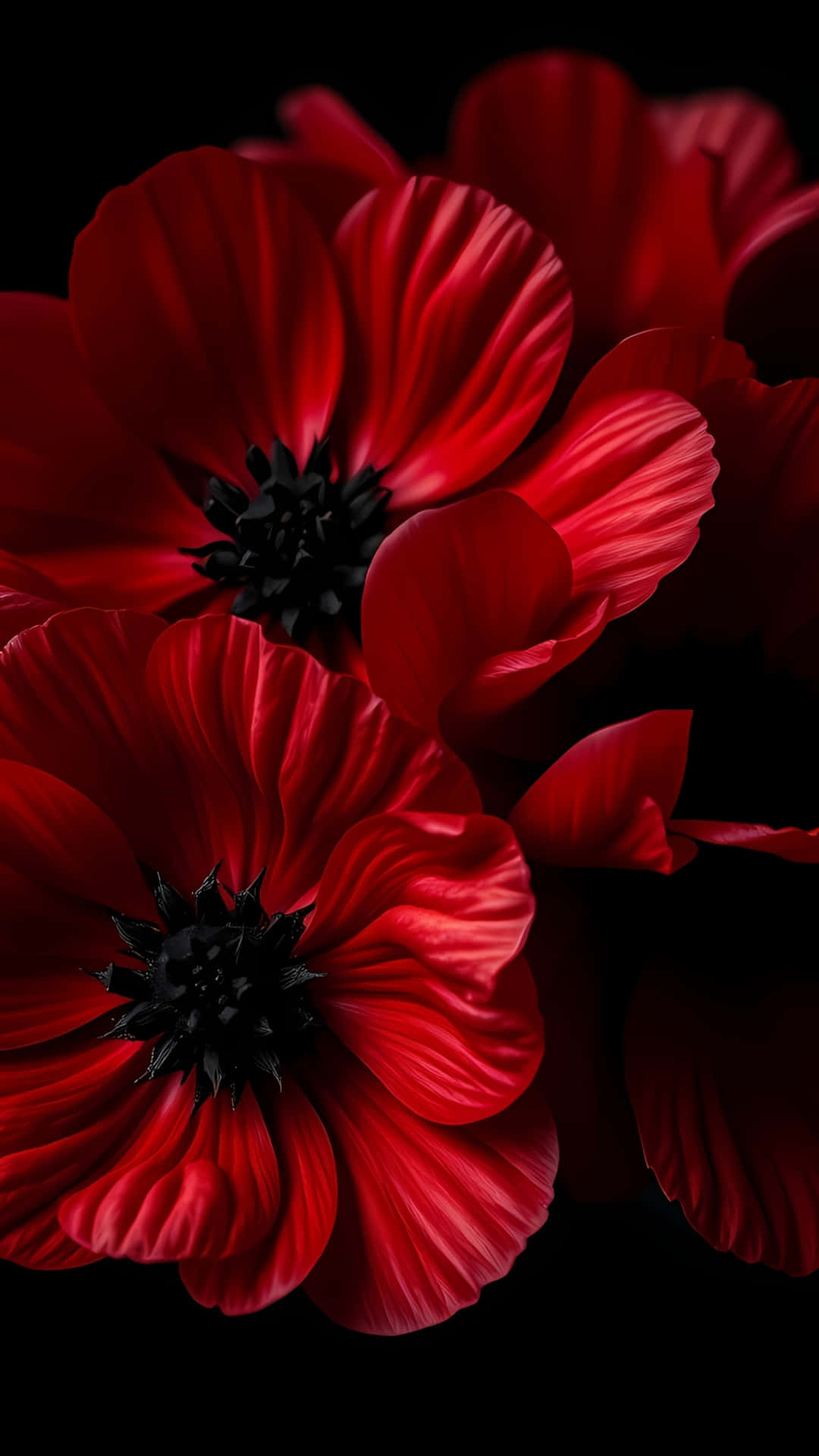 Deep Red Anemone Flowers on Black Background 壁紙 — 鮮豔的紅色罌粟花帶有深色花心，在純黑色背景上以戲劇性的特寫綻放。