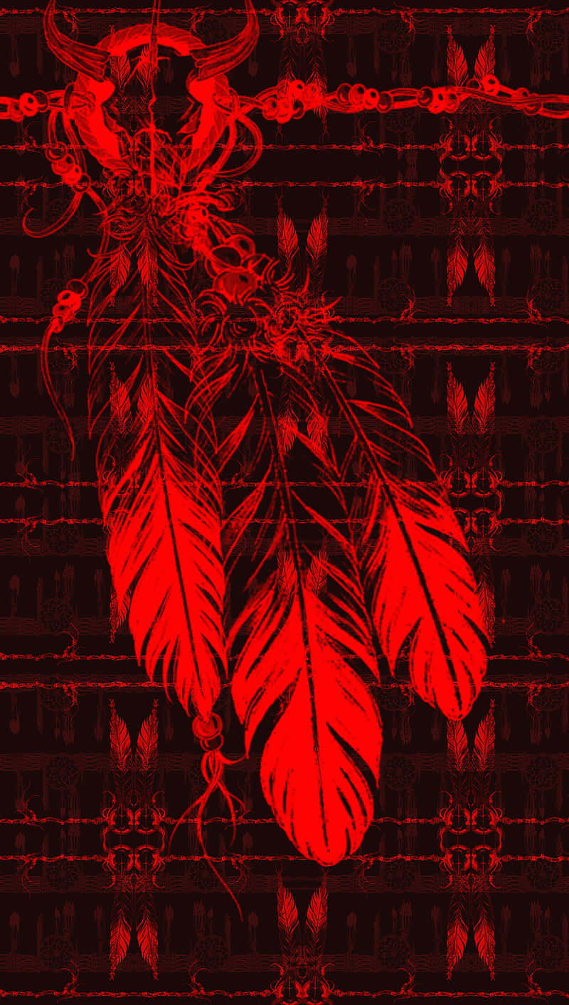 Tribal 桌布 壁紙 — 鮮豔的紅色羽毛和華麗的部落圖案在深色圖案背景上以對稱、風格化的設計發光。
