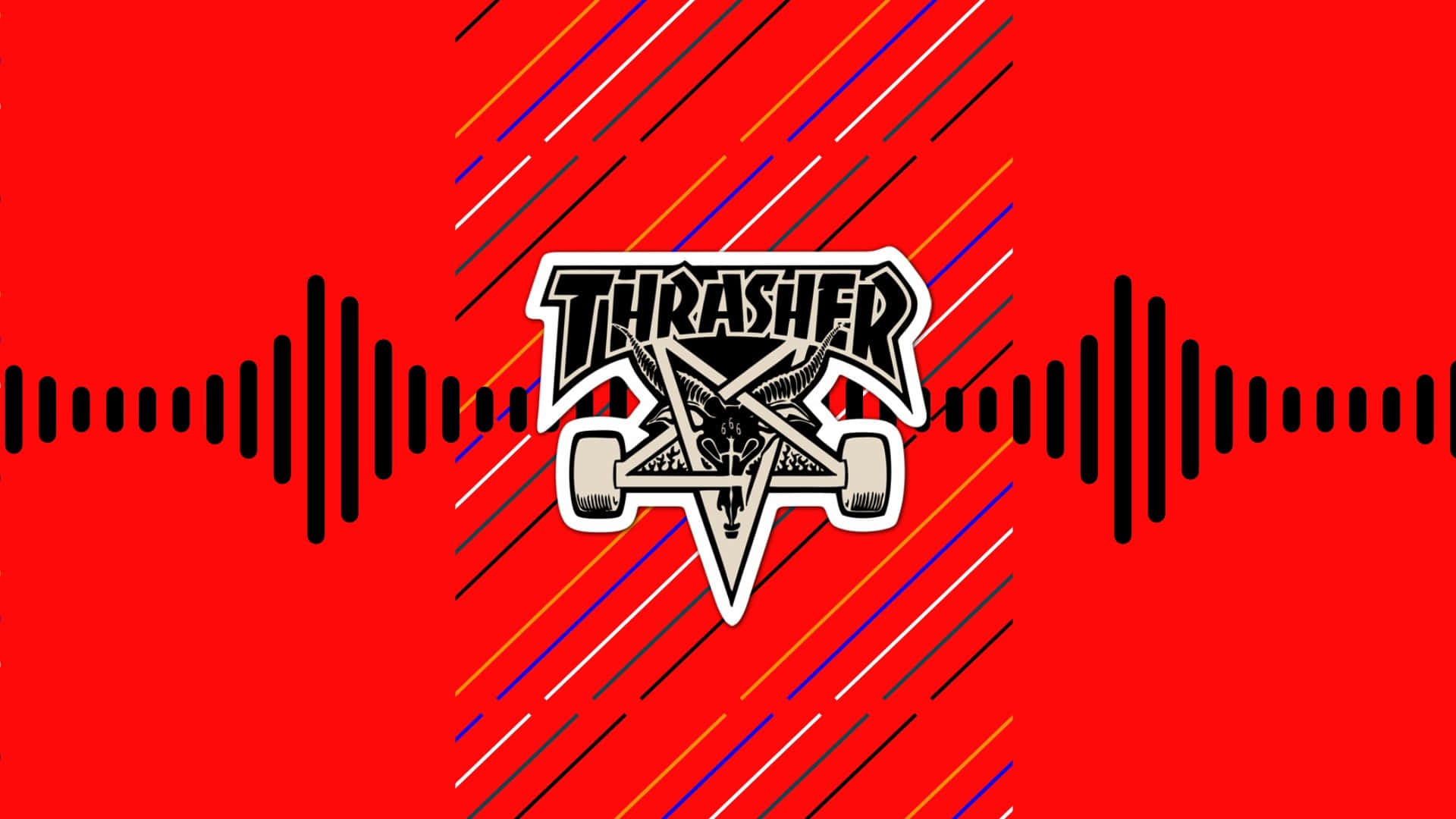 Thrasher 桌布 壁紙 — 鮮豔的紅色背景，帶有對角線條和黑色音頻波形，框住Thrasher雜誌標誌。