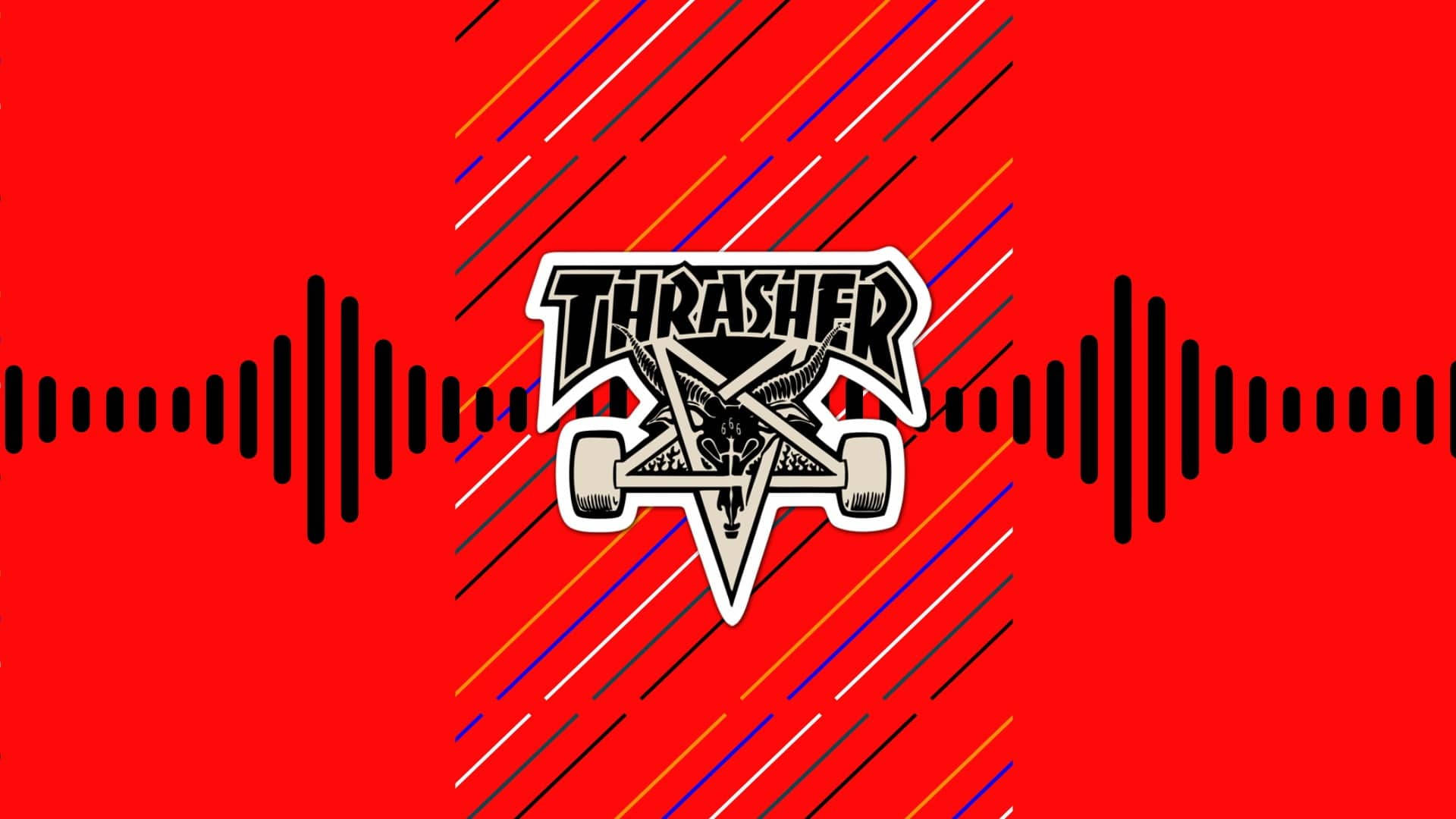 Thrasher 桌布 壁紙 — 鮮豔的紅色背景，帶有對角線條和黑色音頻波形，框住Thrasher雜誌標誌，其中有一個帶惡魔角的滑板。