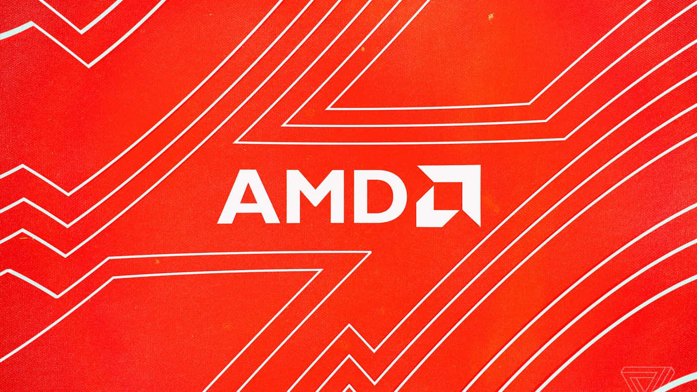 AMD 桌布 壁紙 — 鮮豔的紅色背景，帶有白色幾何線條，並將粗體的AMD標誌置中突出顯示。