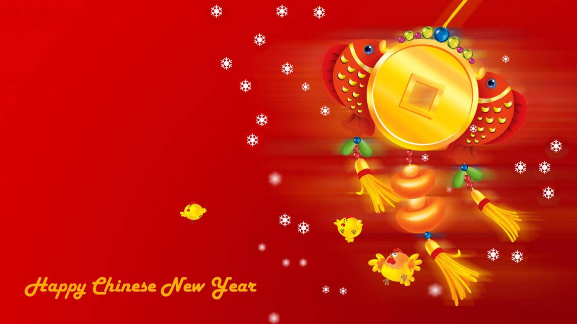 New 桌布 壁紙 — 鮮豔的紅色背景，金色的魚拿著硬幣和流蘇，周圍環繞著雪花和小黃鳥。