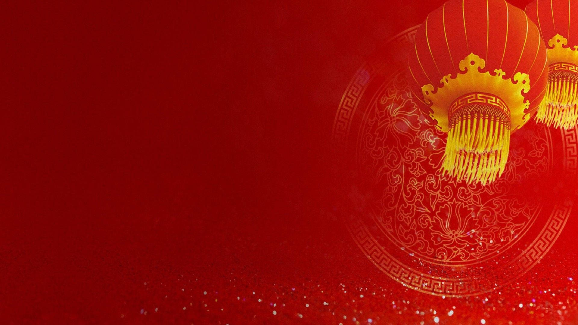 New 桌布 壁紙 — 鮮豔的紅色背景，金色華麗燈籠和精緻的圓形圖案柔和發光。