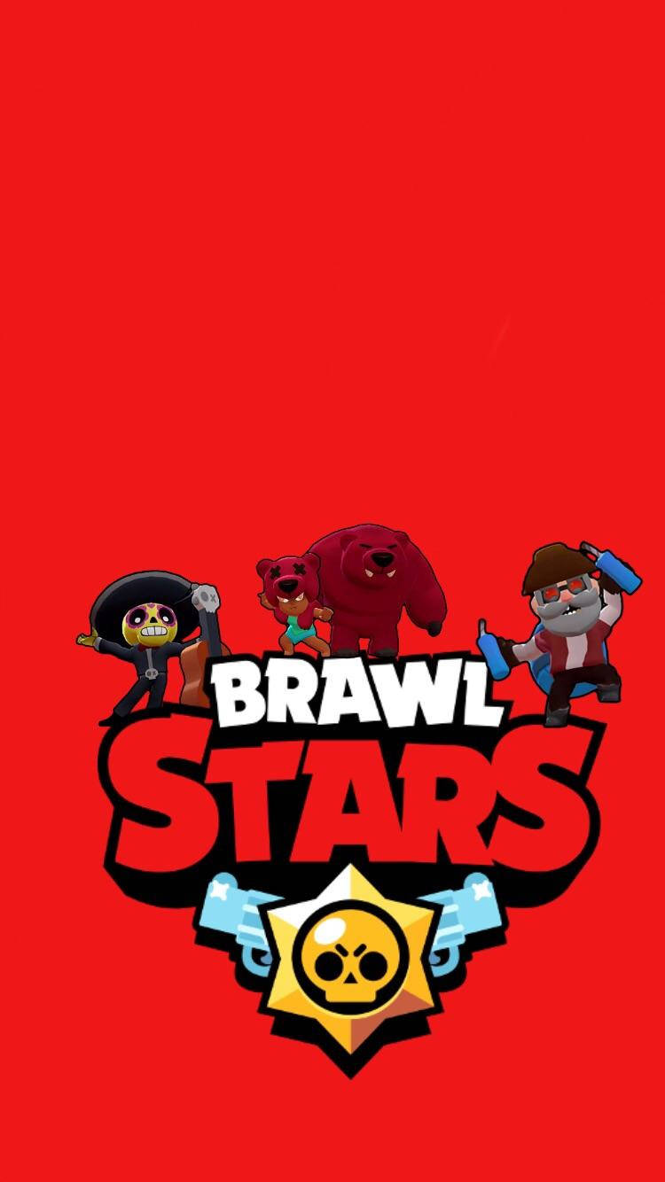 荒野亂鬥 桌布 壁紙 — 鮮豔的紅色背景上，有醒目的 Brawl Stars 標誌和四個卡通角色在周圍擺姿勢。