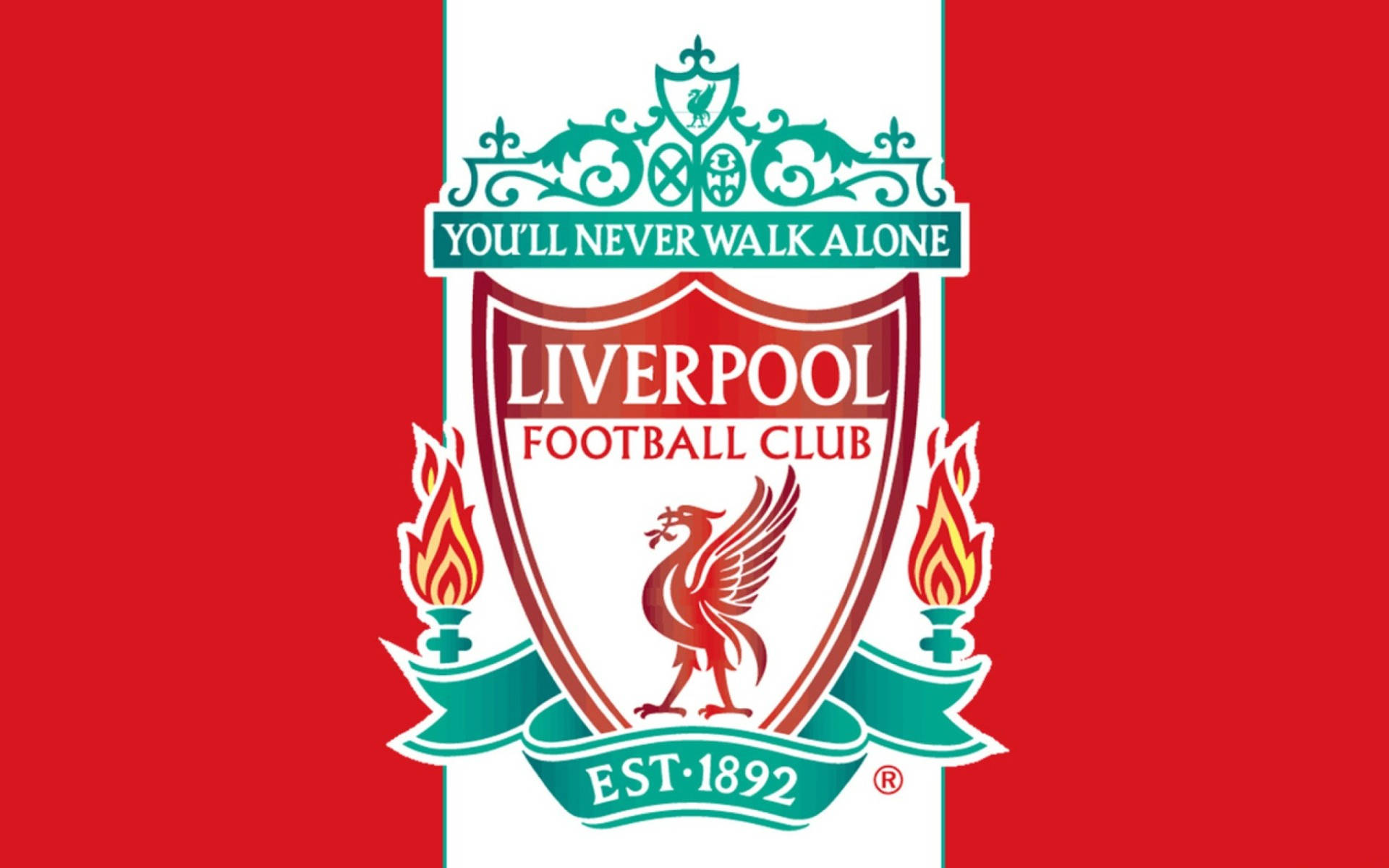 Liverpool Fc 桌布 壁紙 — 鮮豔的紅色背景上展示利物浦足球俱樂部徽章，包括利物鳥和燃燒的火炬。