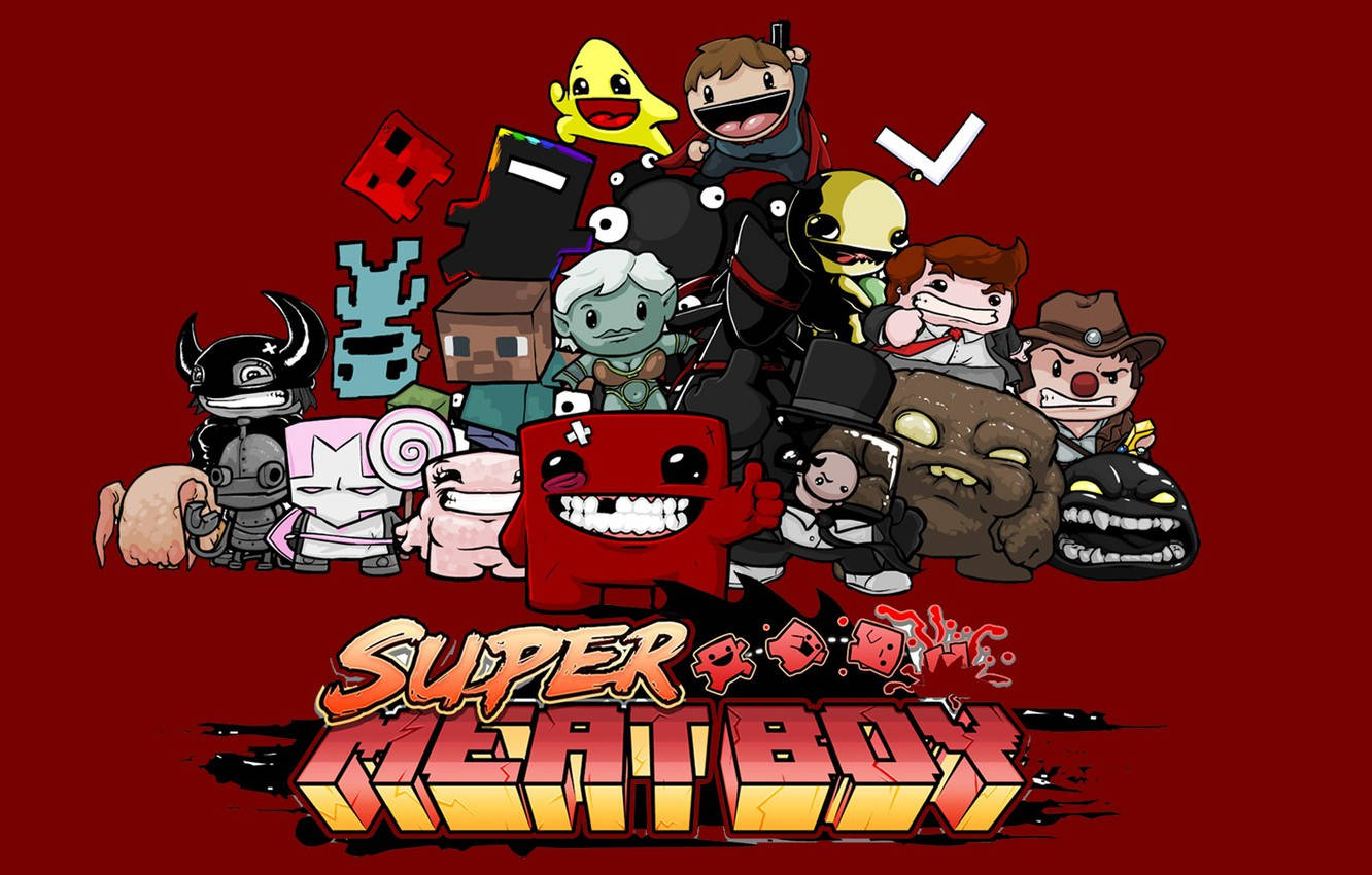 Super 桌布 壁紙 — 鮮豔的紅色背景展示了一堆混亂的經典 Super Meat Boy 遊戲角色，帶有誇張的表情和像素藝術風格。