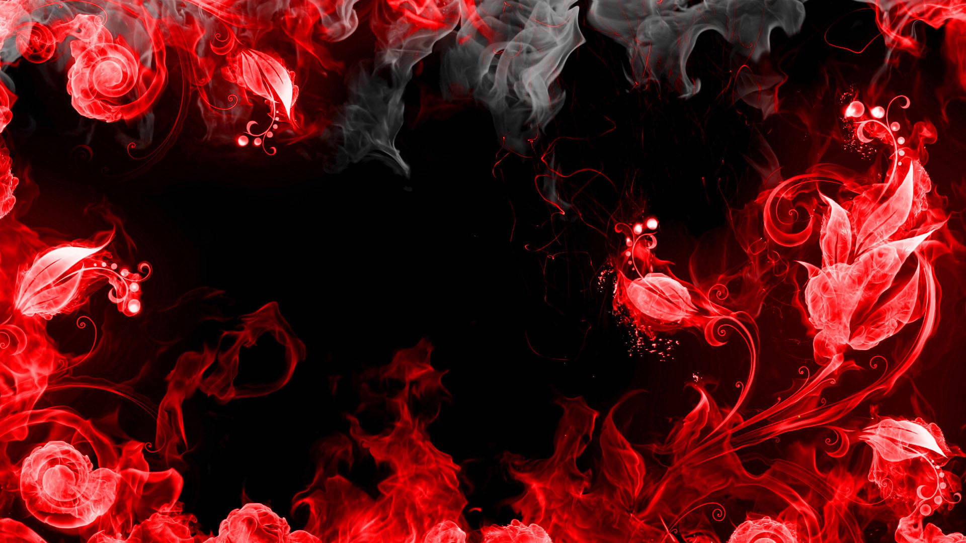 Smoke HD 桌布 壁紙 — 鮮豔的紅色花卉煙霧漩渦以發光的卷鬚和精緻的花瓣框住黑暗的虛空。
