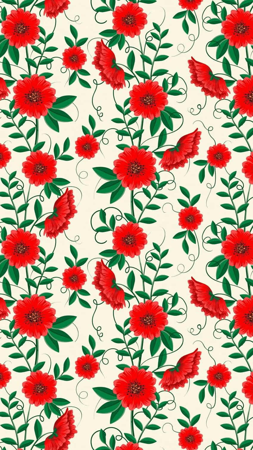 Cute Flower 桌布 壁紙 — 鮮豔的紅色花朵，搭配綠色葉子和旋轉的藤蔓，在奶油色的米白色背景上以重複圖案盛開。
