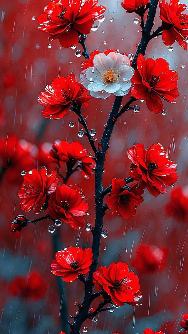 red flowers 壁紙 — 鮮豔的紅色花朵和一朵白色花朵在模糊的紅色背景下，在深色樹枝上閃爍著雨滴。