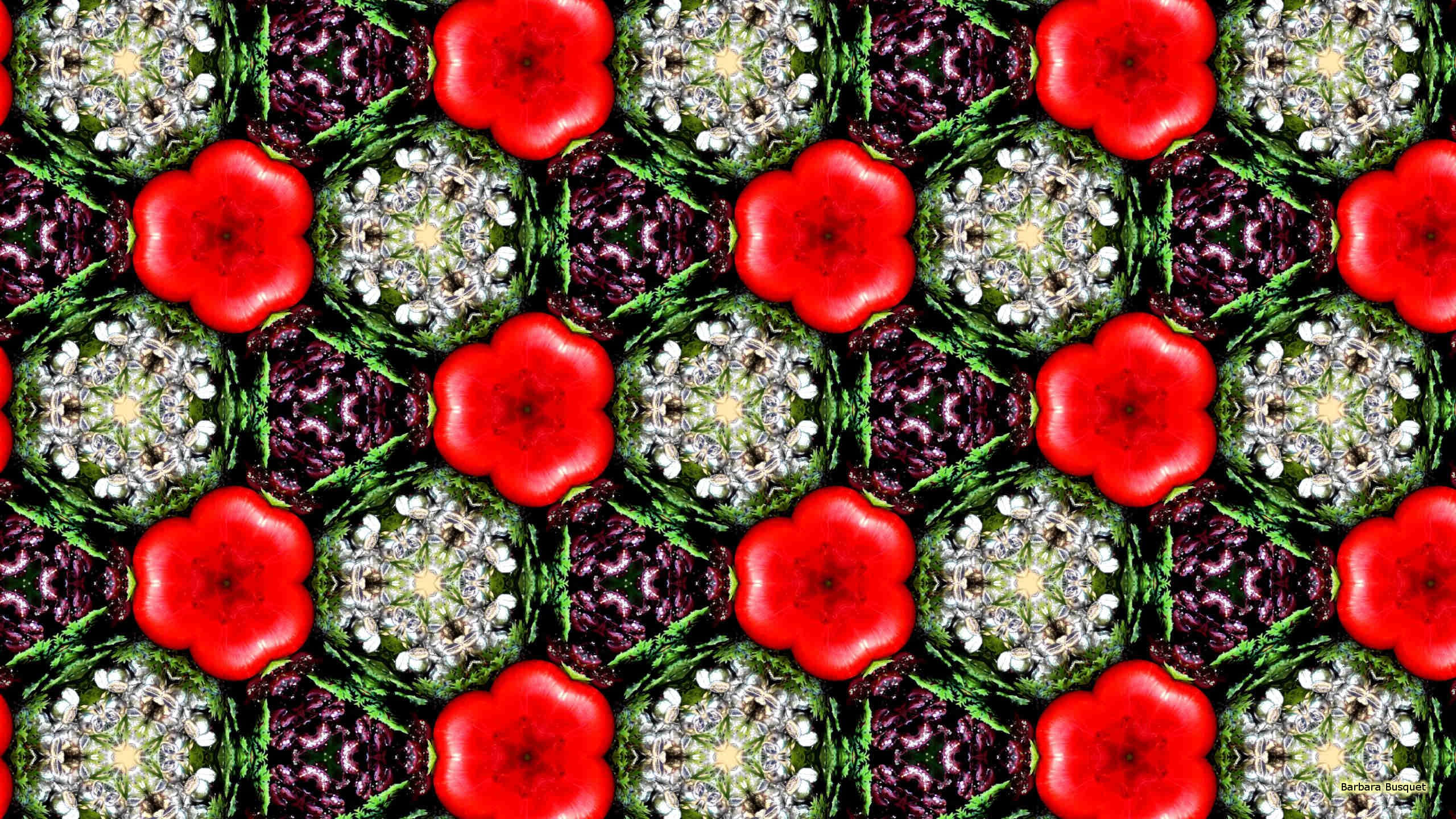 Christmas Pattern 桌布 壁紙 — 鮮豔的紅色花朵和複雜的綠色圖案在萬花筒般的花卉壁紙設計中重複出現。