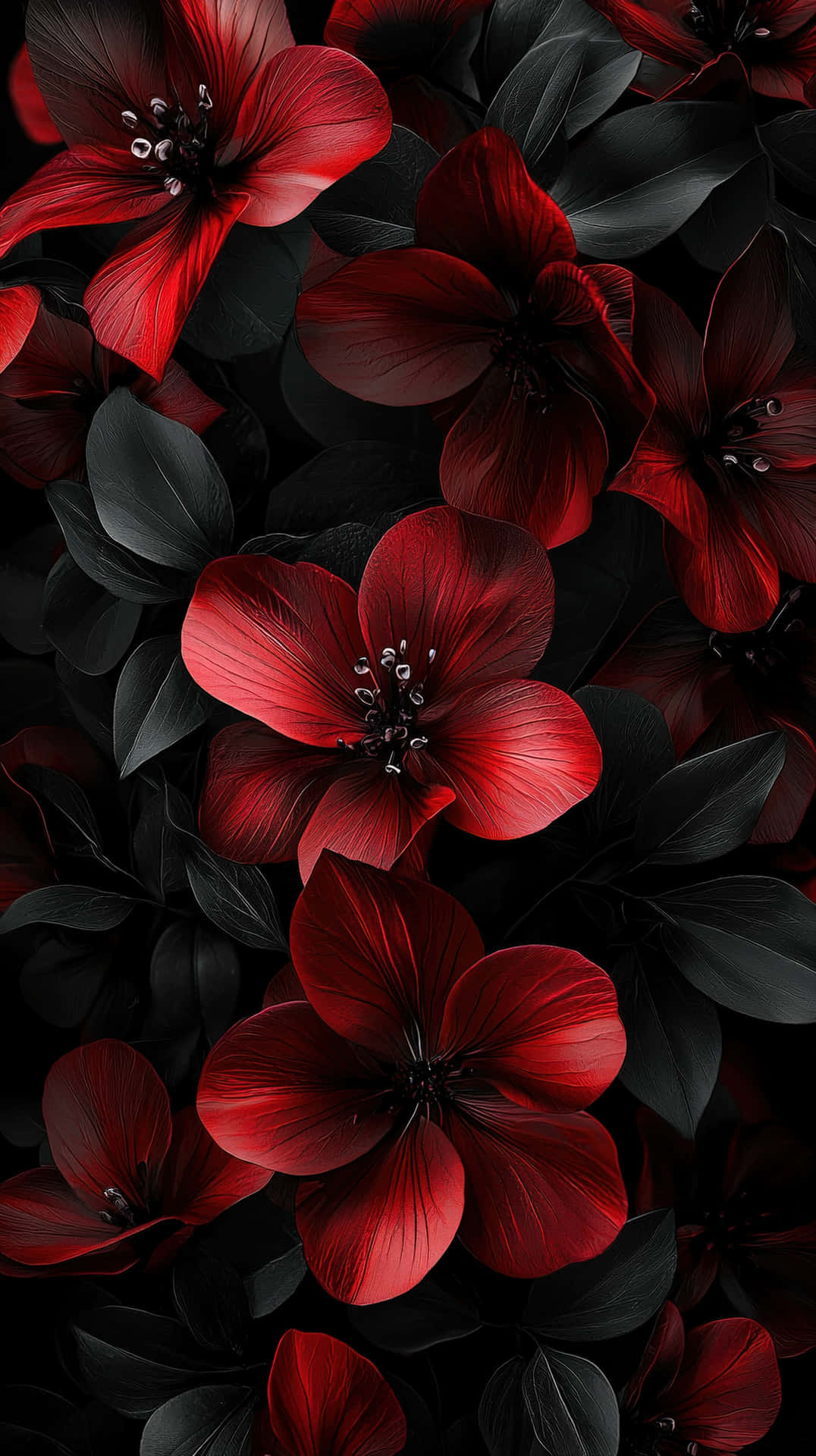Dark and Moody Macro Illustration of Blossoming Red and Black Flowers in Elegant Contrast 壁紙 — 鮮豔的紅色花朵帶有深色花心，在光澤的黑色葉片間密集綻放，形成大膽的高對比植物圖案。