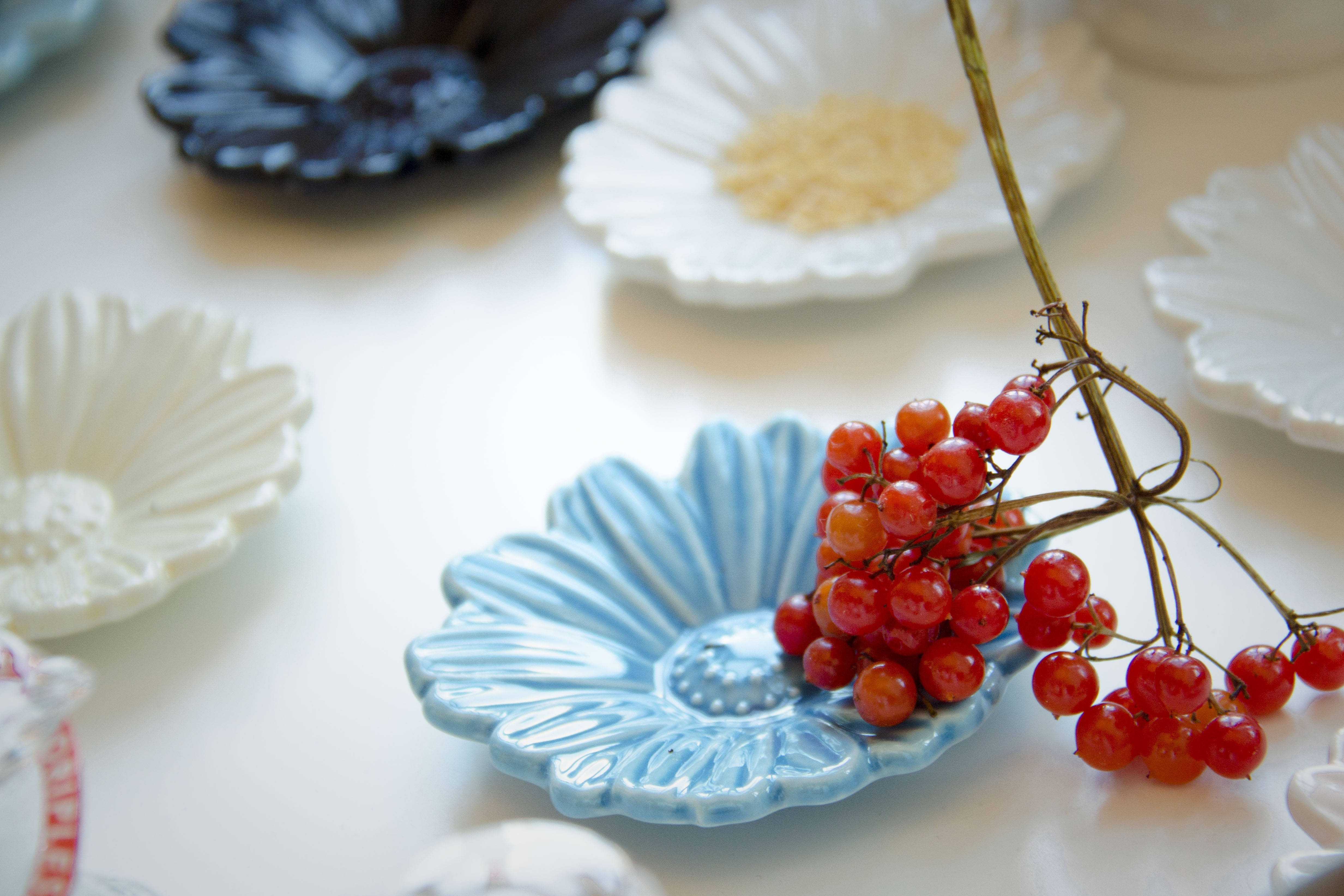 Fruits 桌布 壁紙 — 鮮豔的紅色莓果放在藍色花形盤上，周圍是白色陶瓷盤，在柔和自然光下。