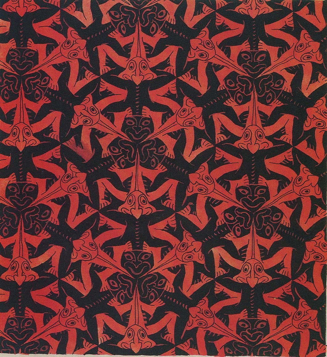 graphic art 桌布 壁紙 — 鮮豔的紅色風格化面孔，帶有細長脖子和富有表現力的眼睛，在深黑色背景上以大膽的幾何圖案重複出現。