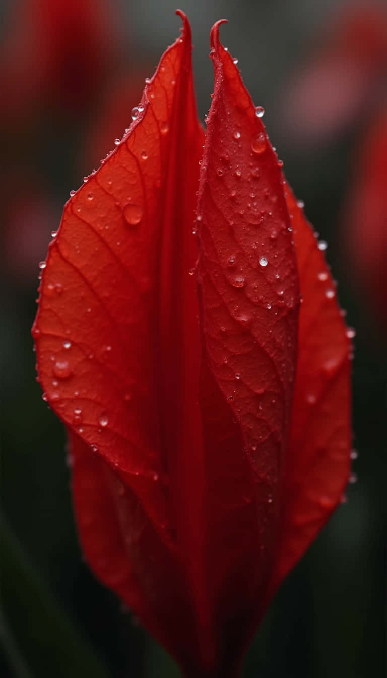 Flower 壁紙 — 鮮豔的紅色鬱金香花瓣在黑暗模糊的背景上閃爍著露珠。