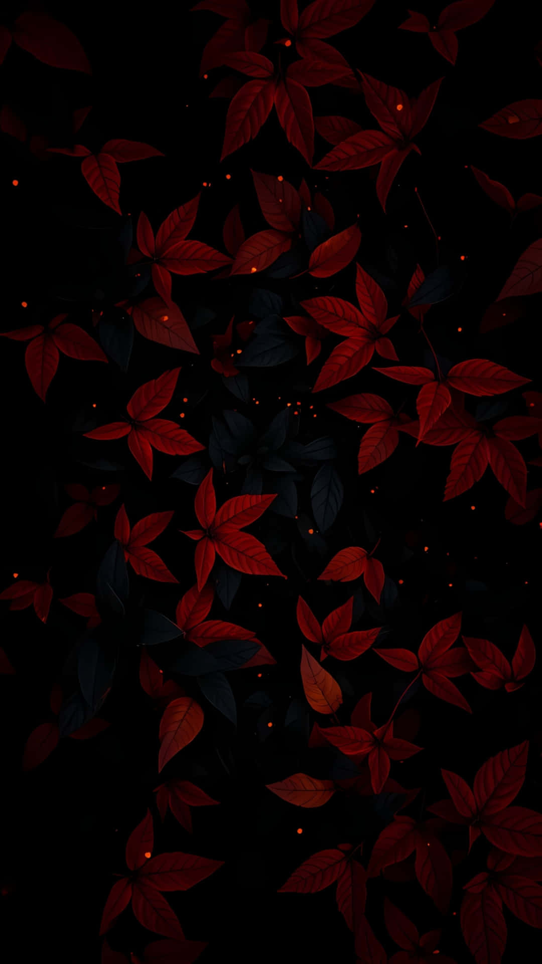 Dark Red Leaves Falling on Black Aesthetic Background 壁紙 — 鮮豔的紅葉漂浮在深黑色背景上，周圍散落著發光的琥珀色斑點。